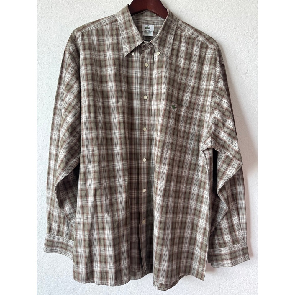 Lacoste Mens Size 45 Plaid Long Sleeve Button Down Shirt Designed In France